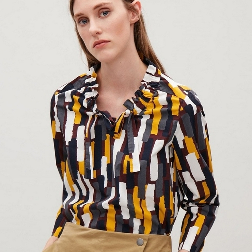 COS Multicolour Tie Neck 100% Cotton Poplin 3/4 Sleeve Pullover Blouse -12-